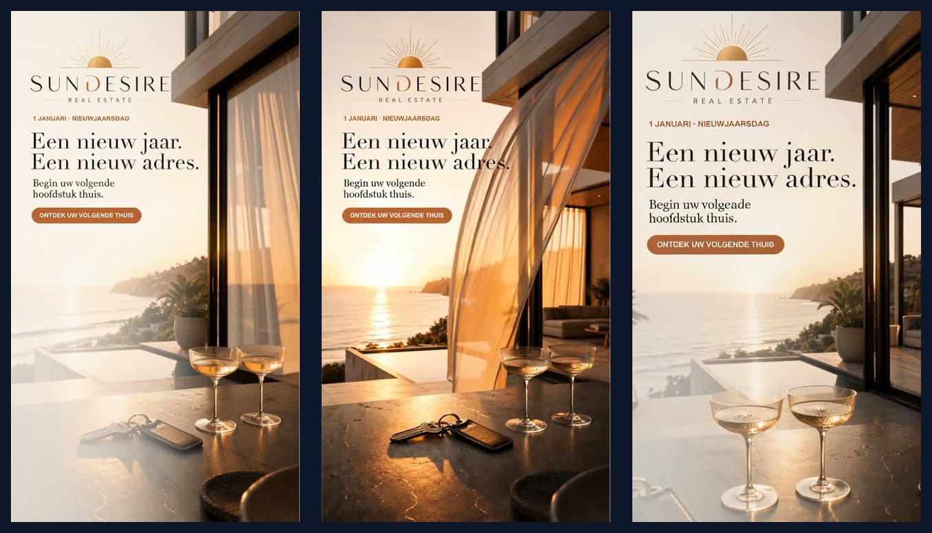 Three final frames comparing MiniMax H3, WAN 2.2, and LTX 2.3 on a finished real-estate advertisement