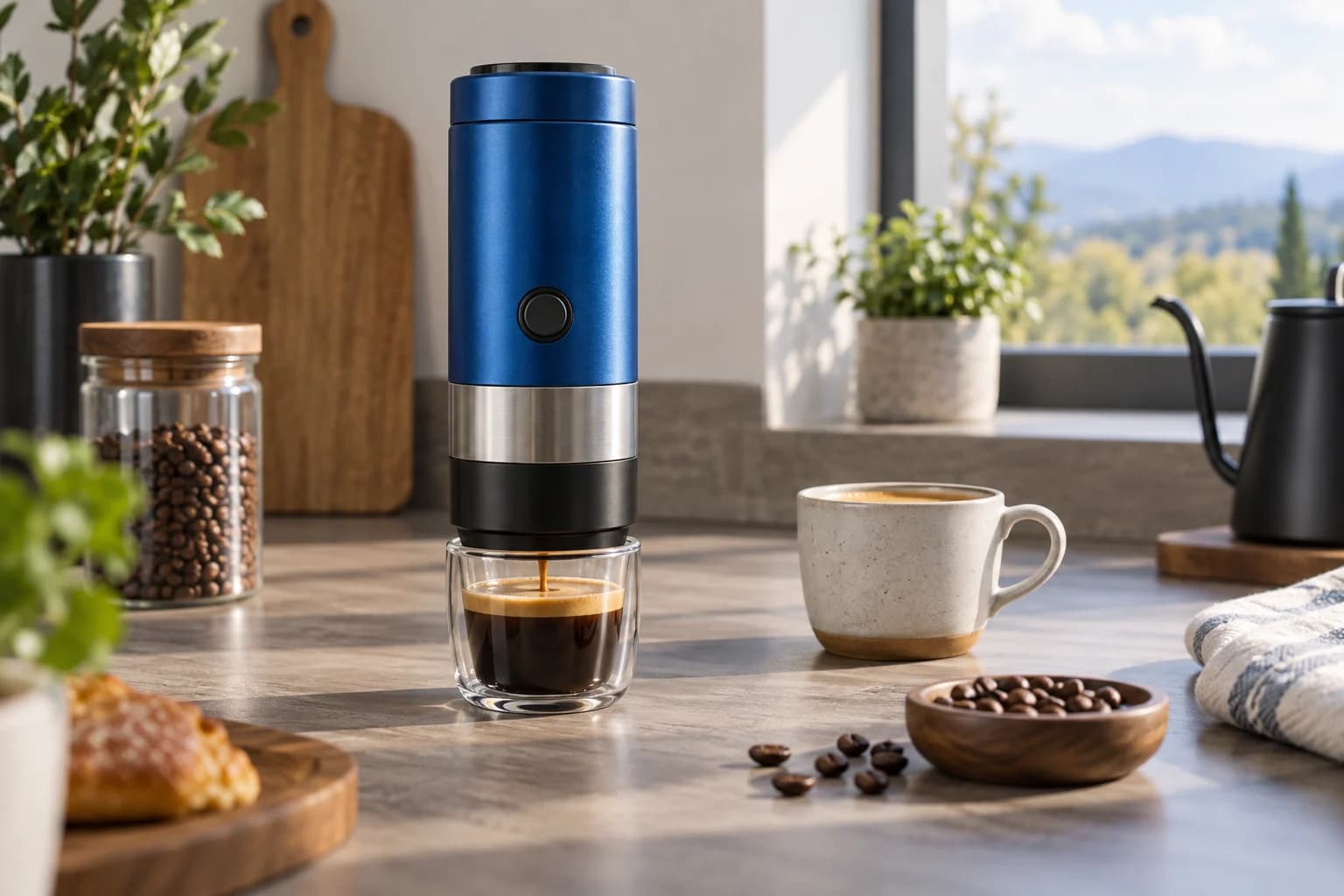 Portable espresso maker in a depth-rich kitchen scene used to explain camera movement