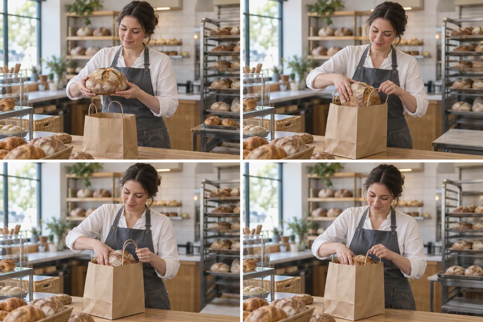 Four-frame bakery sequence with subtle continuity changes to inspect