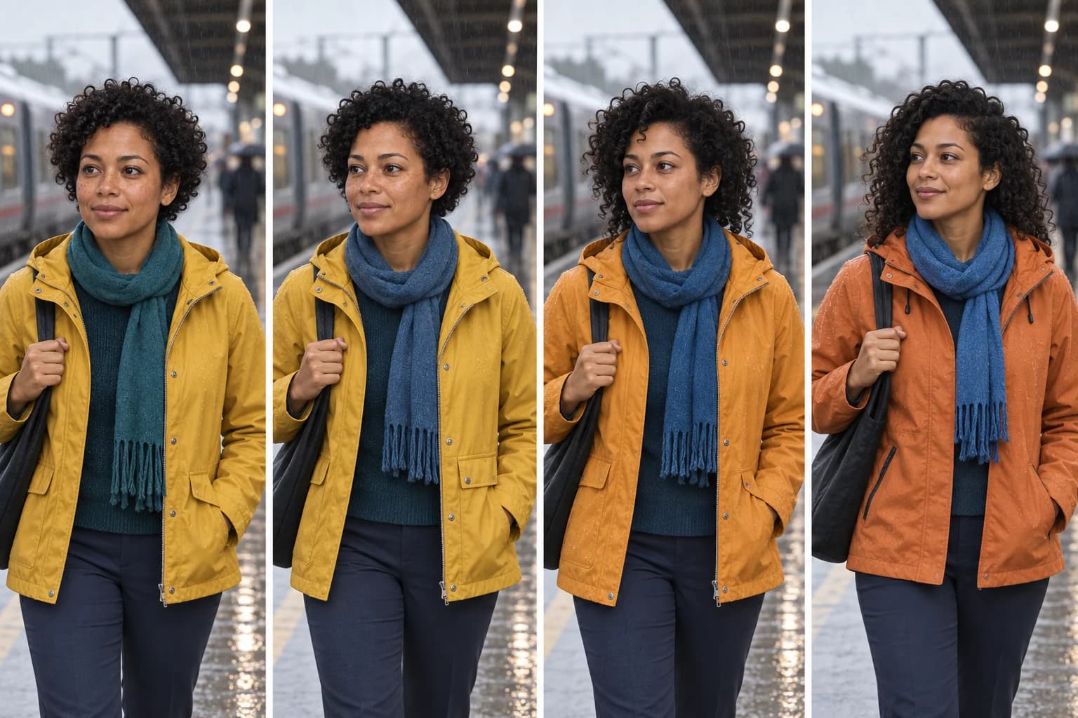 Four-frame educational sequence in which a fictional character's scarf, jacket, hair, freckles, and face gradually change