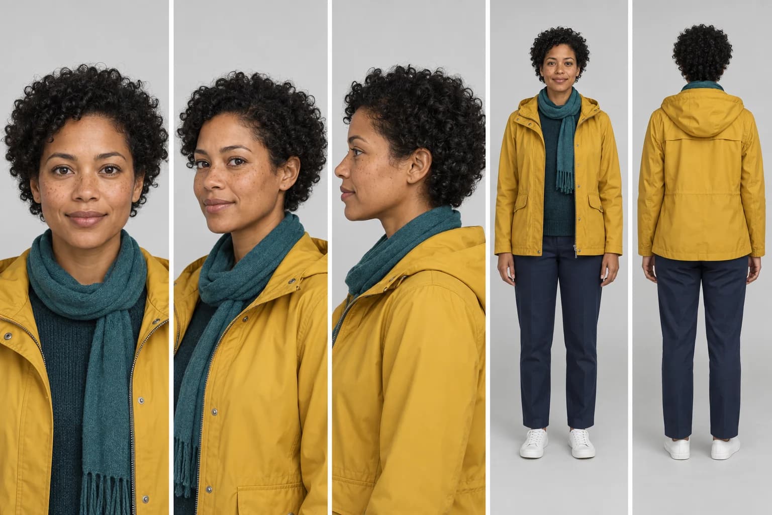 Five-view reference sheet for one fictional character
