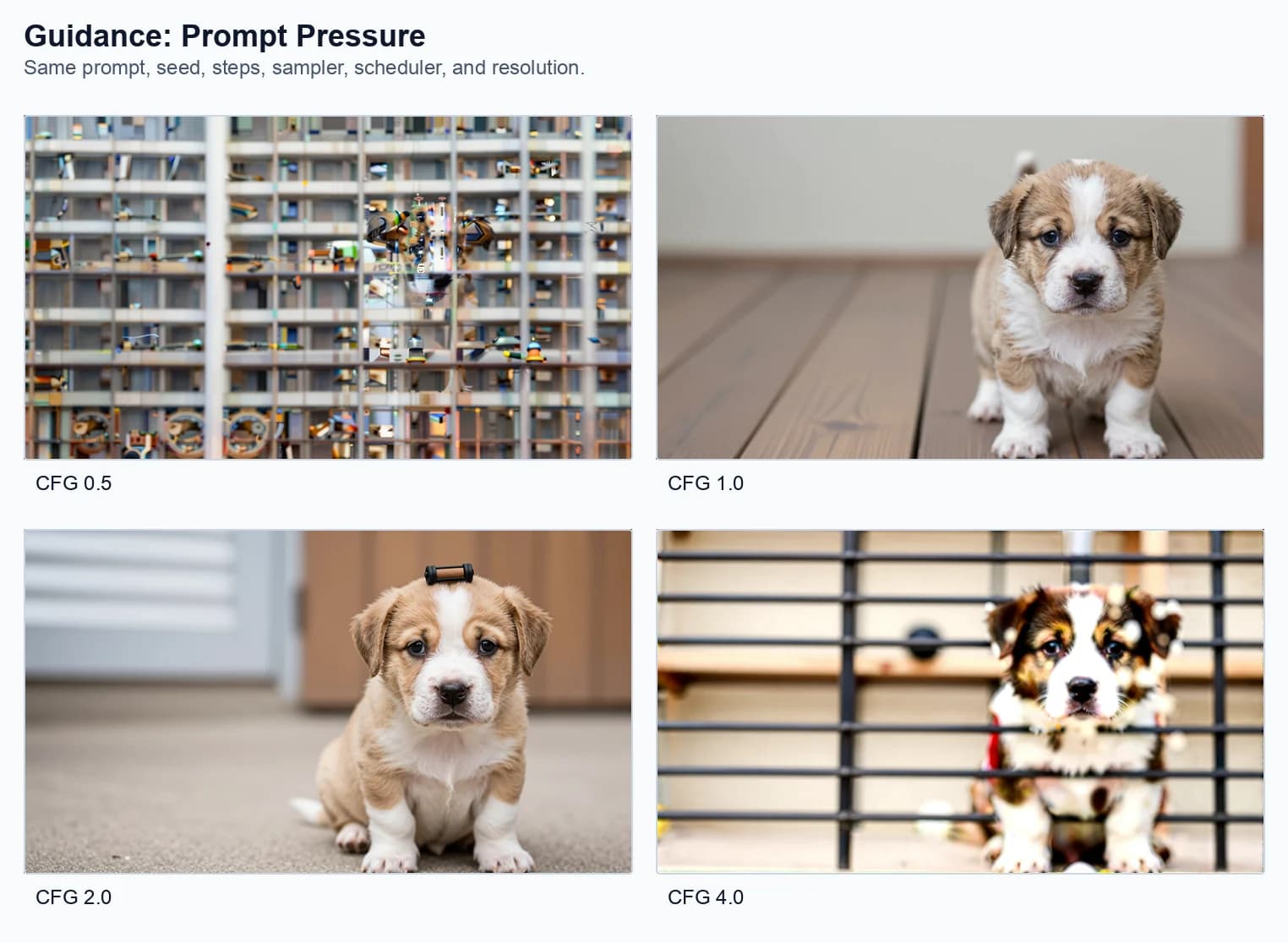 Four generated puppy images comparing CFG guidance values 0.5, 1.0, 2.0, and 4.0