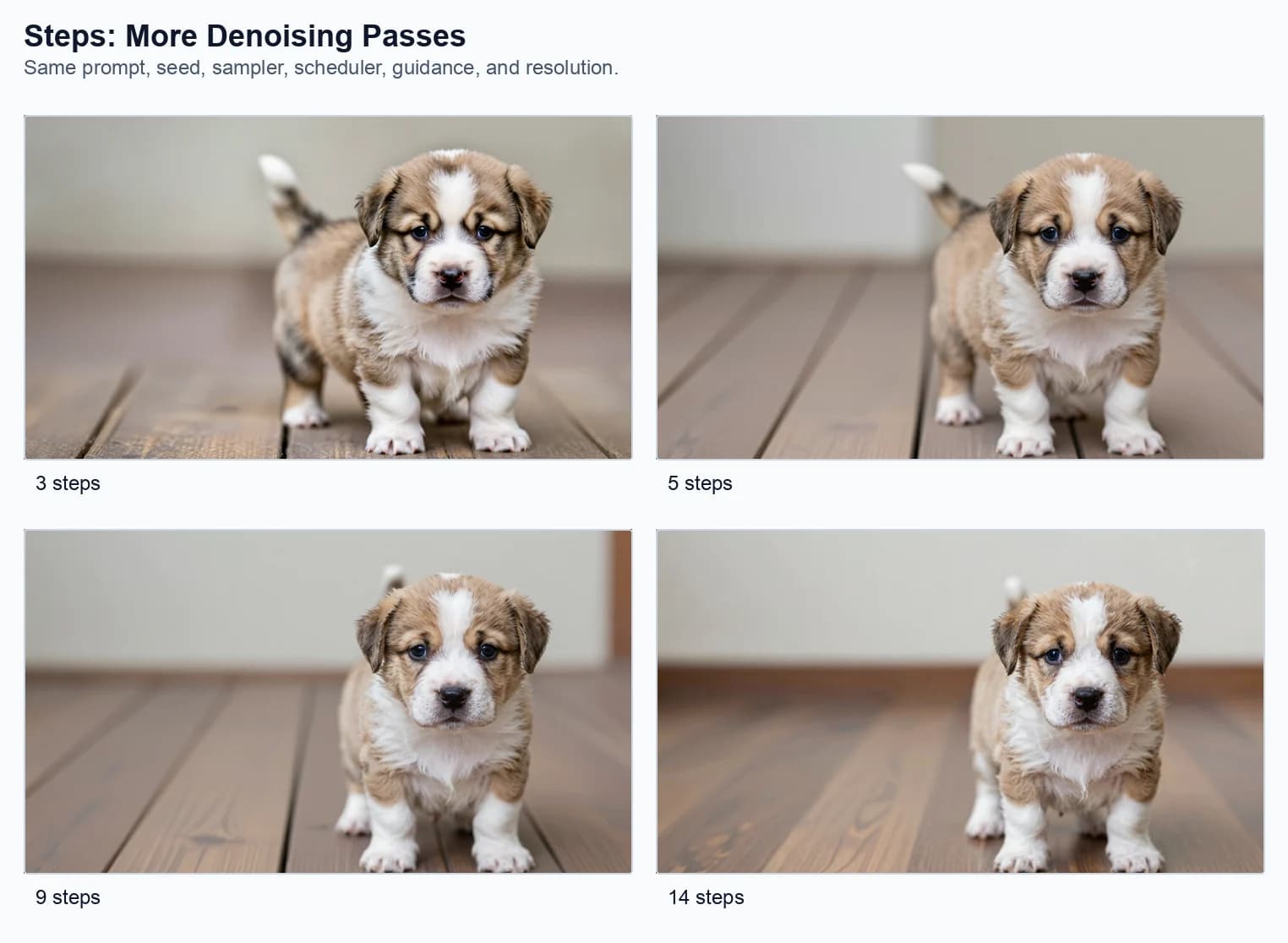 Four generated puppy images comparing 3, 5, 9, and 14 sampling steps