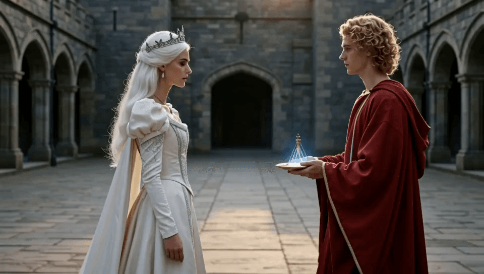 Wide composition frame showing two fantasy characters facing each other in a courtyard