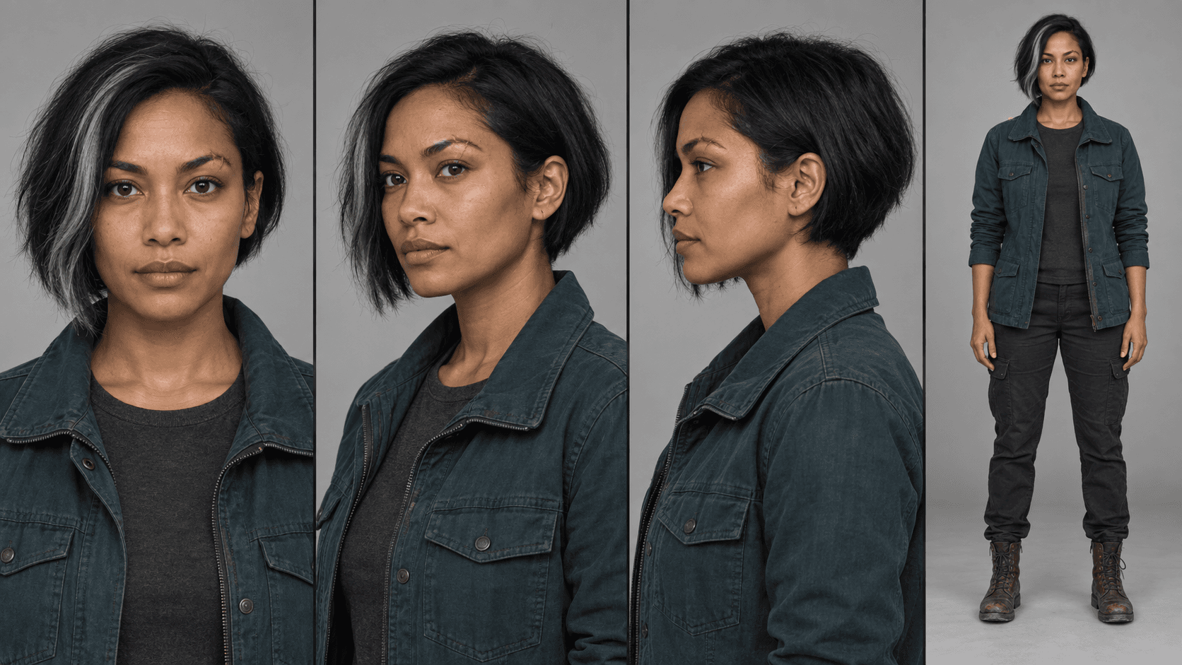 Four-view character reference sheet for one fictional adult woman