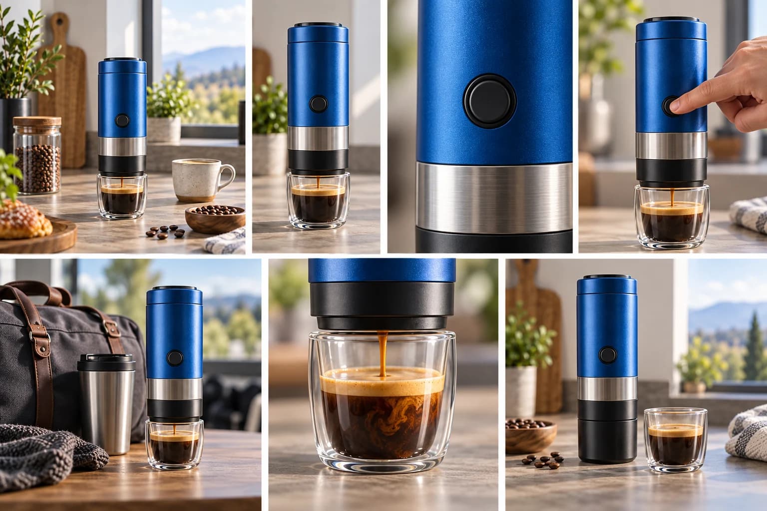 Seven-shot storyboard for a fictional cobalt portable espresso maker