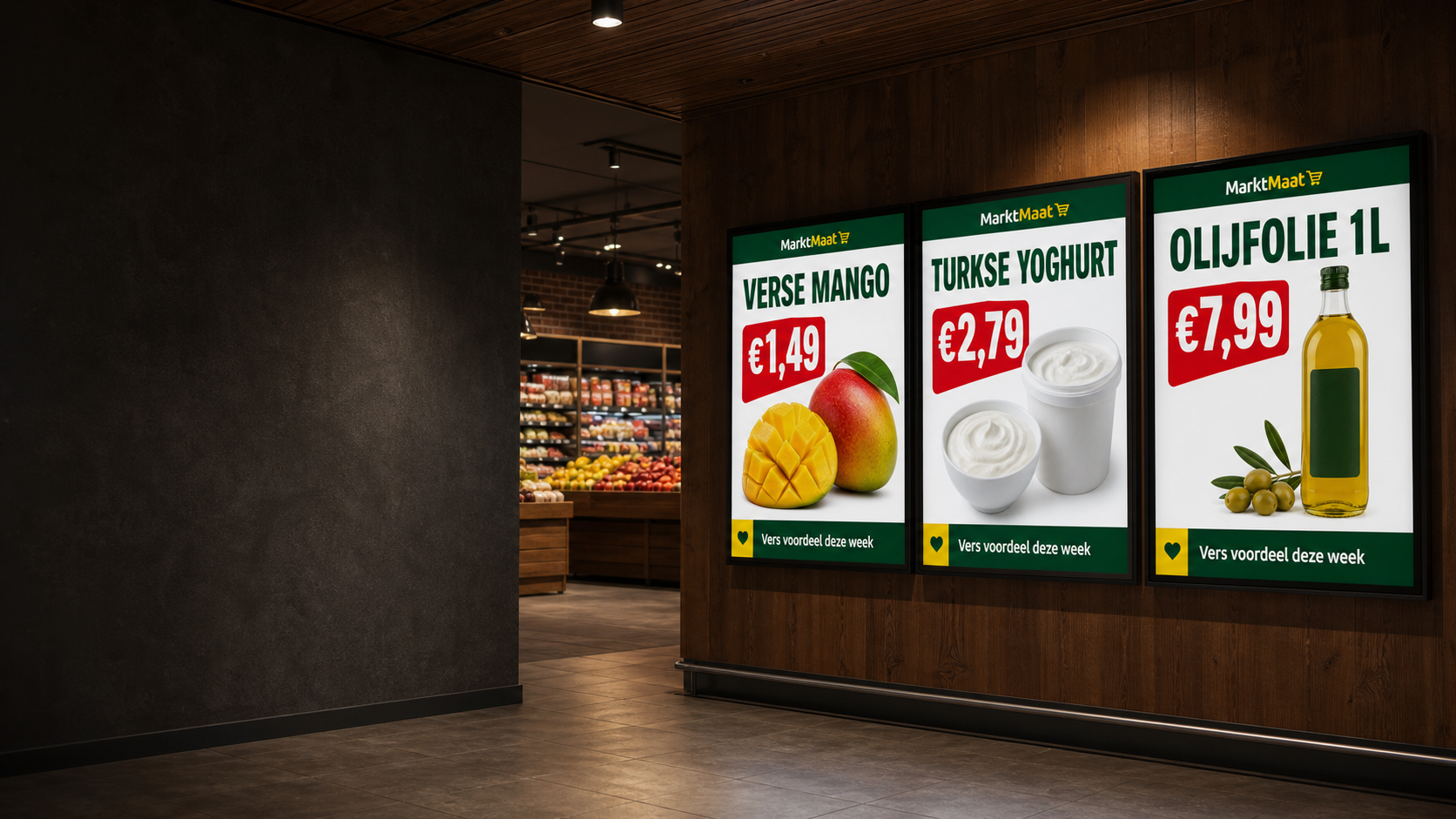 Three animated product campaigns on digital screens in an illustrative supermarket